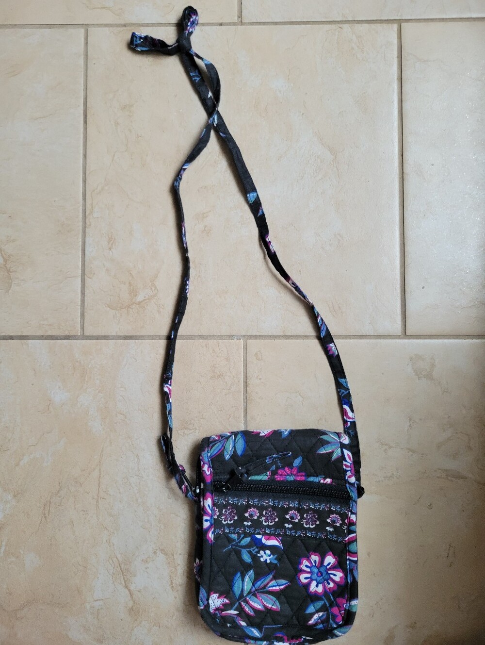 Small Floral Crossbody Bag - Black with Pink & Blue Floral Print